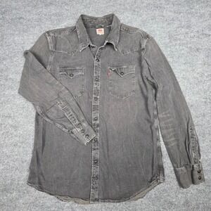 Levi's Denim Shirt Mens Medium Gray Black Pearl Snap Western Chambray Denim